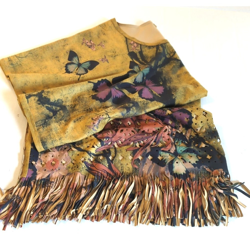 Vtg Adore Poncho Top XL Butterflies Fringe Art to Wear Festival Boho Lagan Look - Picture 7 of 11